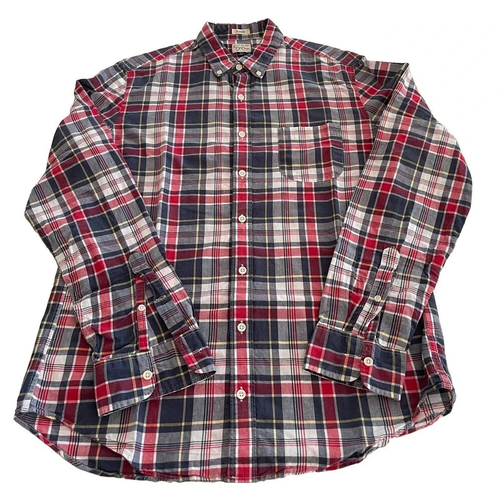 J. Crew Indian Madras Plaid LS Shirt Pocket 100% Cotton Mens LT